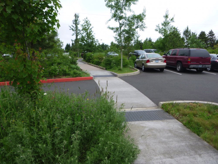 Sidewalk and crosswalk in the parking lot - tactile strips indicate start of sidewalk